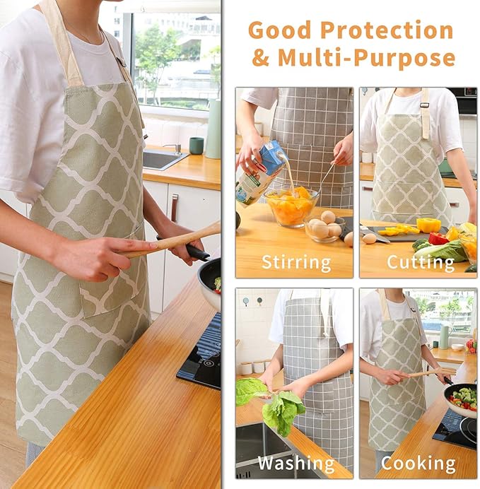 Tosewever 2 Pieces Cotton Linen Waterproof Bib Kitchen Apron with Pockets - Long Ties Adjustable Neck Strap - Unisex BBQ Cooking Drawing Crafting Aprons for Women Chef (Grey/Green, 2)