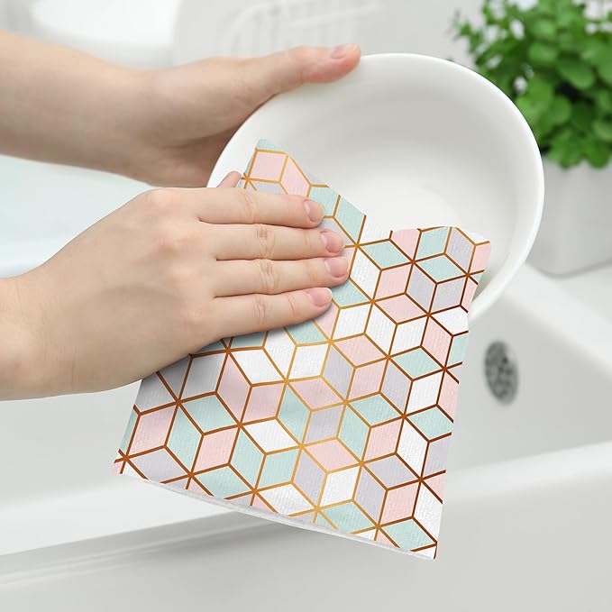 Pink Green Geometric Kitchen Towels Decorative Set of 2, Abstract Modern Dish Towels, Absorbent Hand Towels Tea Towels for Kitchen Decor,Farmhouse Holiday Home Dish Cloths