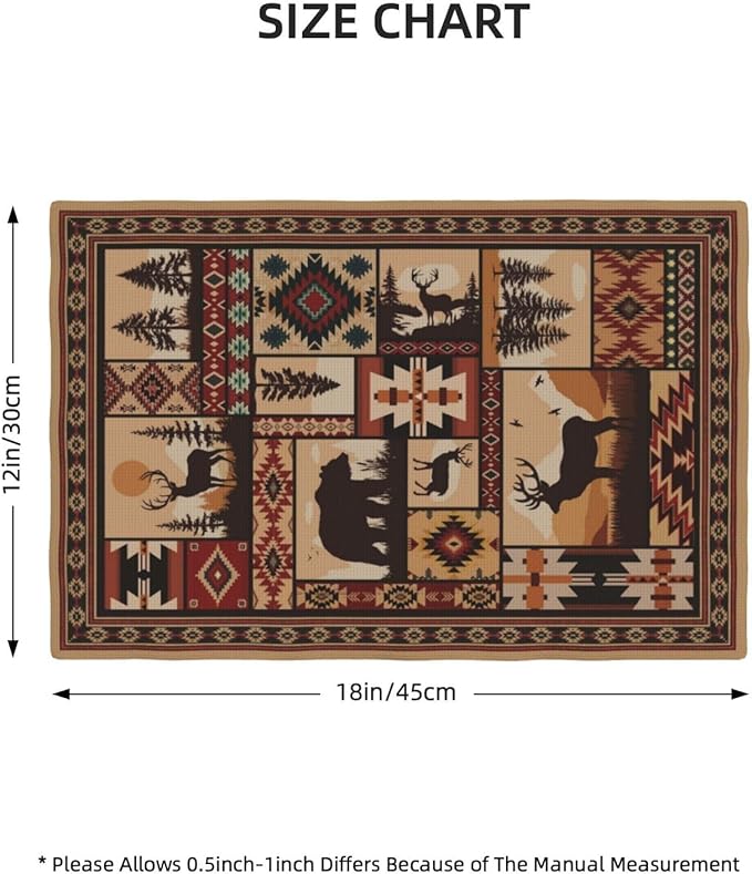 Rustic Brown Wildlife and Tribal Pattern Linen Placemats Set of 4, Heat Resistant Cute Bear Deer Table Mats for Dining Table Kitchen Party Cabin, Vintage Home Decor & Gifts for Outdoor Nature Lovers