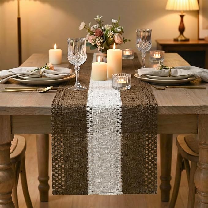 Artoid Mode Light Coffee Farmhouse Rustic Table Runner, Seasonal Hollow Kitchen Dining Table Decoration for Home Party Decor 12x36 Inch