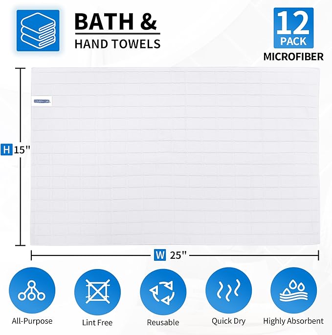 Hand Towels, 12 Pack 25''*15'' White Microfiber Kitchen Bathroom Hand Towels, All-Purpose Quick Dry Lint Free Soft Absorbent Bulk Checkered Washcloth Bath Towels for Travel Gym Hotel