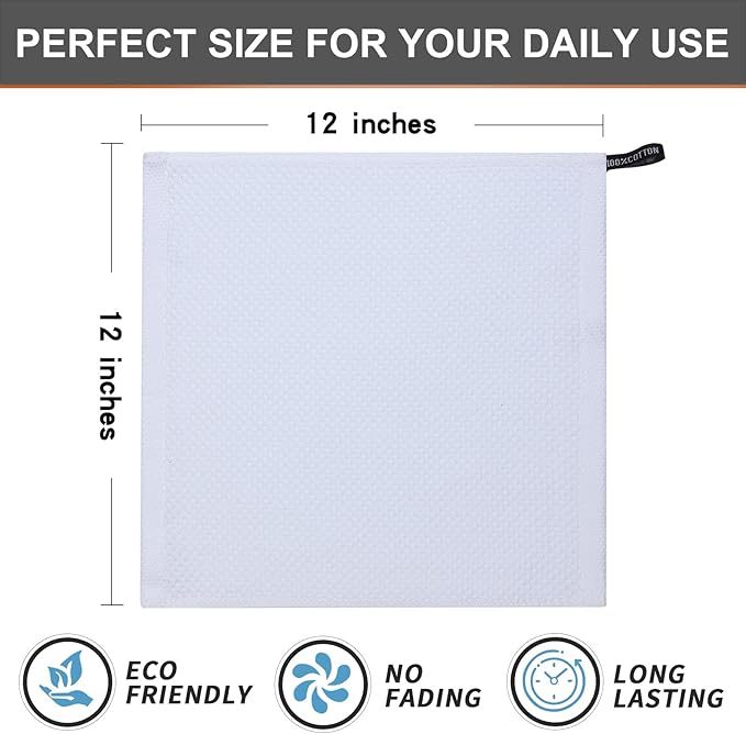Kitinjoy 100% Cotton Kitchen Dish Cloths (12 X 12 Inches, White), 12 Pack Waffle Weave Ultra Soft Absorbent Dish Towels for Drying Dishes Quick Drying Kitchen Towels Dish Rags