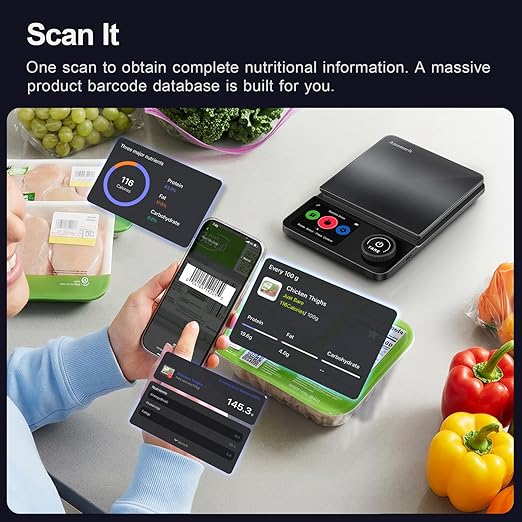 Smart Food Kitchen Scale with Nutritional Calculator, Timer, 0.1g High Precision Kitchen Scale, Free App with 27 Nutrients Tracking, Digital Grams and Ounces for Weight Loss, 11lbs/ 5kg
