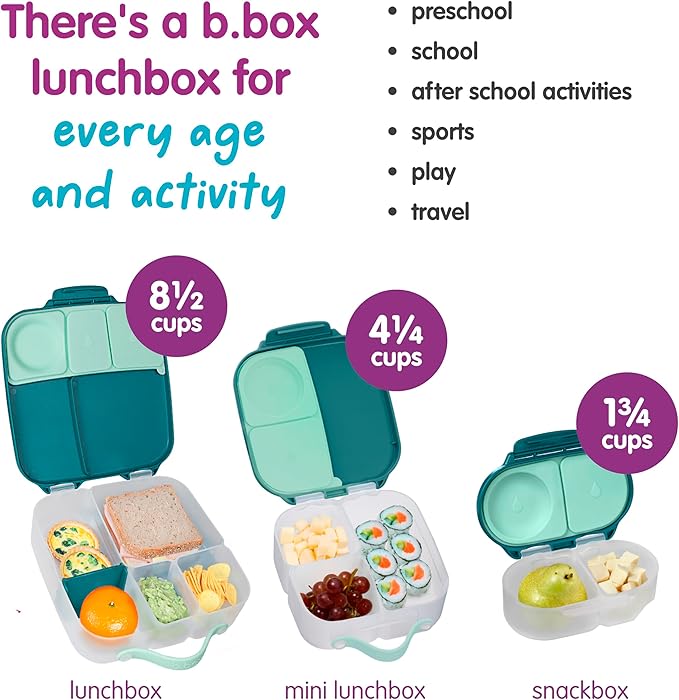 b.box Snack Box 2 Pack - Leak Proof Mini Bento Box for Kids & Toddlers, 2 Compartment Snack Containers for Kids, Dishwasher Safe, BPA Free, PFAS Free, Ages 4m+, 1 3/4 Cup Each (Ocean Blue + Forest)