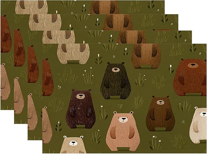 Batmerry Cute The Bear in Olive Brown Placemats, Bears Pattern Green Background Washable Linen Table Mats for Kitchen Table Double Insulation Decor Dining Set Indoor Outdoor 12X18 in Set of 4