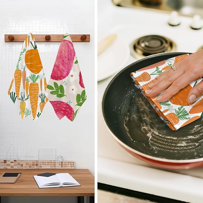 2Pcs Radish Kitchen Towels, Farmhouse Absorbent Tea Towel Decorative Reusable Dish Hand Towels Radish Lover Gifts for Cleaning Drying Women Mom Housewarming Gifts 14 x 24 Inch Kitchen Home Decor