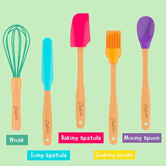 Chefclub Kids Montessori Cooking 5-Piece Utensils Set Heat Resistant Non Stick Silicone for Kids & Beginner Kitchen & Cookware Gadgets - Mixing, Whisking, Baking, Brushing
