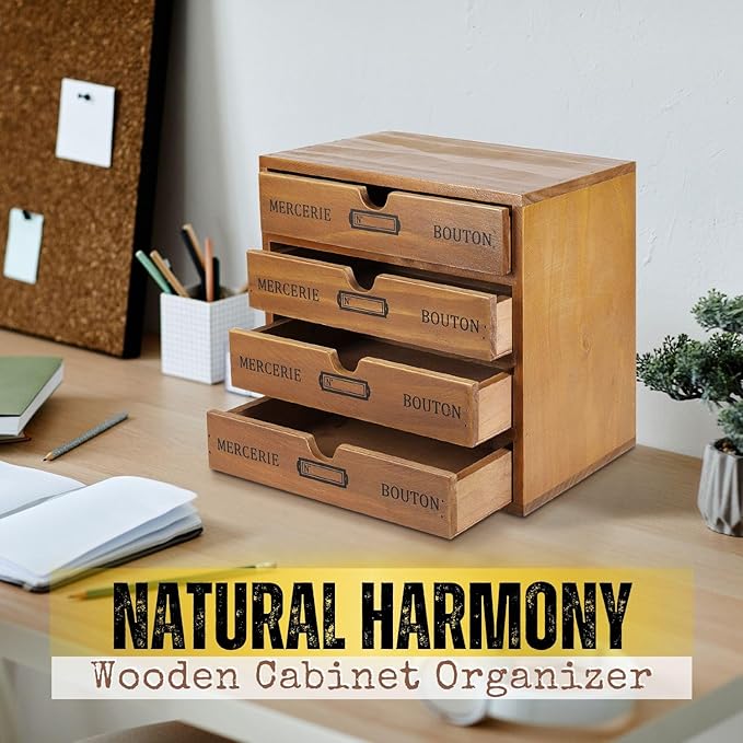 Flexzion Desktop Storage Box with Drawers - Wooden 4 Drawer Organizer Card Catalog Cabinet, No Assembly Required, Pine Wood Vintage Tabletop for Home and Office Accessories
