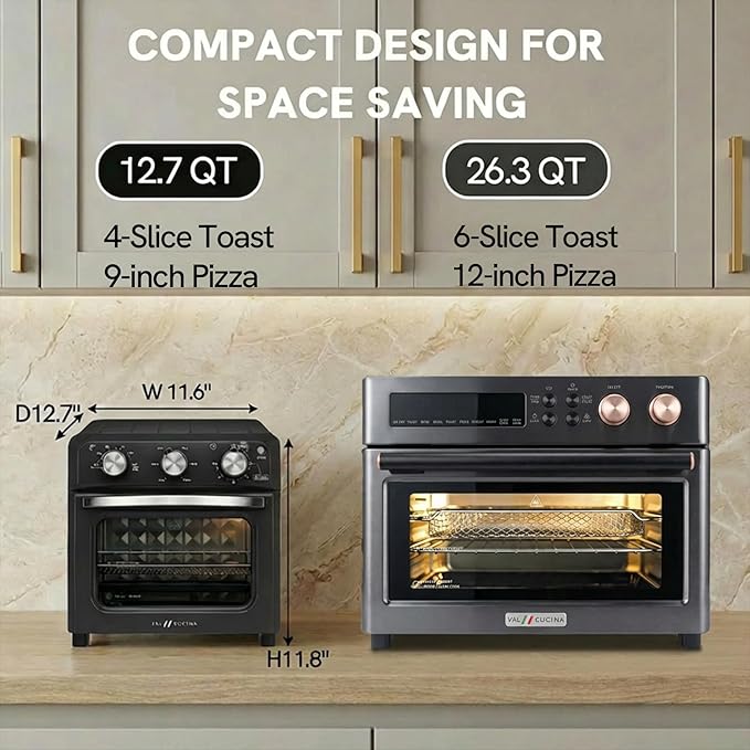 VAL CUCINA 6-in-1 Air Fryer Toaster Oven Combo, Compact 12.7 QT Small Countertop Convection Oven, Fits 9" Pizza & 4 Toast, Hexagon Hybrid Heating, Enamel Baking Pan