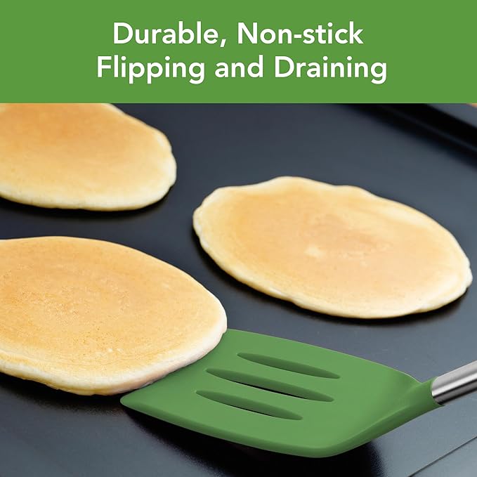 Tovolo Slotted Silicone Spatula Turner Slotted Stainless Steel Handle 10" Pesto Green Heat Resistant Non Toxic BPA Free Kitchen Utensil, Silicone Egg Pancake Flipper Metal Handle Turner for Cooking