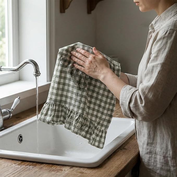 HunnmingRe Sage Green Kitchen Towels Set of 2, 100% Cotton Ruffled Gingham Dish Towels 18"x28" Absorbent Tea Cloths Classic Plaid Pattern for Farmhouse Charm, Drying Dishes, Entertaining Guests