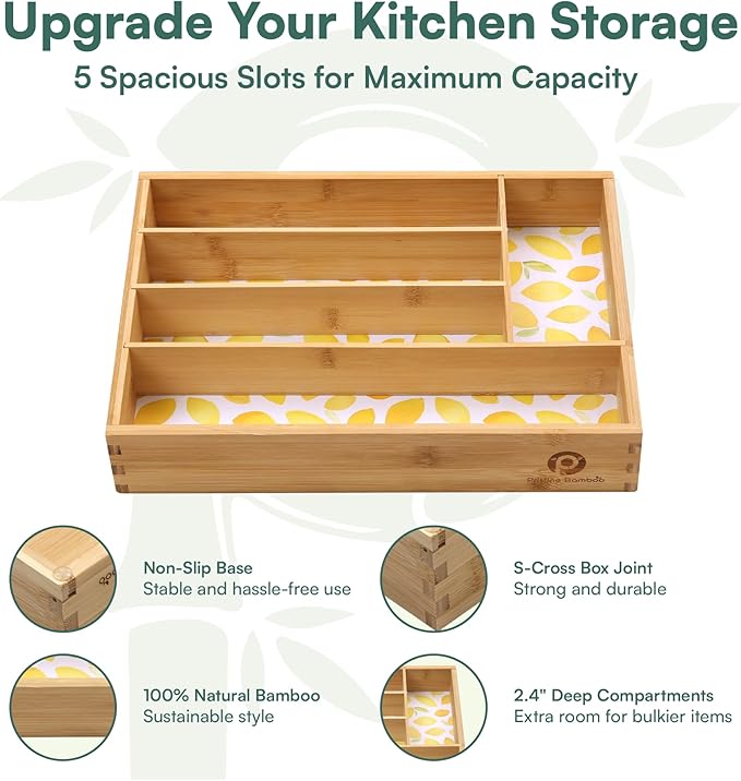 Pristine Bamboo Drawer Organizer - Silverware Organizer with 5 Slots, Lemon Print