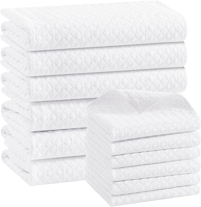 Homaxy Microfiber Waffle Weave Kitchen Towels Set, 16 x 28 Inch and 12 x 12 Inch Ultra Absorbent and Solid Color Dish Towels, 12 Pack, White