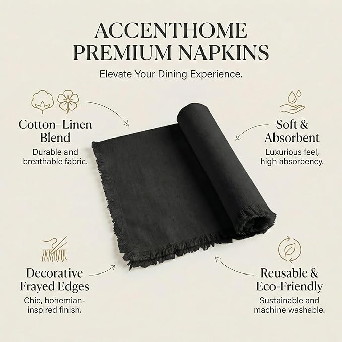 ACCENTHOME Black Cotton Linen Napkin Set of 12 18x18 inch Dinner Napkins - Washable Soft Premium Hotel Quality Reusable Hemmed Edges Napkins Perfect Table Linens for Family Dinners, Weddings