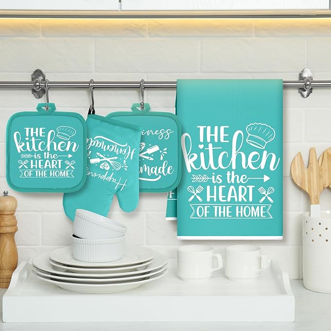 Sratte 6 Pcs Kitchen Decor Accessories Set Farmhouse Towels Pot Holders Oven Mitts Set 2 Dish Towels 2 Potholders 2 Cooking Mittens Oven Glove for Christmas Baking Cooking Supply(Light Teal,Kitchen)
