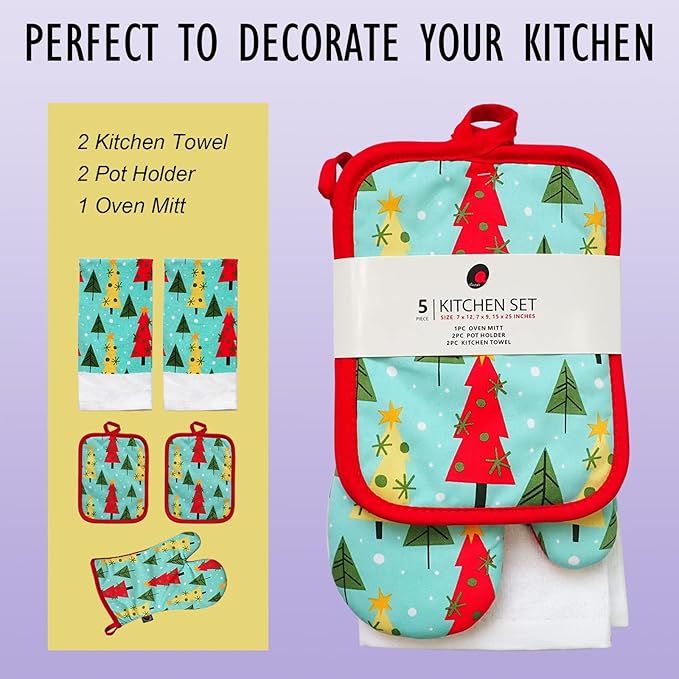 Oven Mitts and Potholders Dish Towles Set 100% Cotton for Perfect for Gifting, Baking and Everyday Cooking Durable Heat Resistant for Kitchen (5-Piece Christmas Tree)