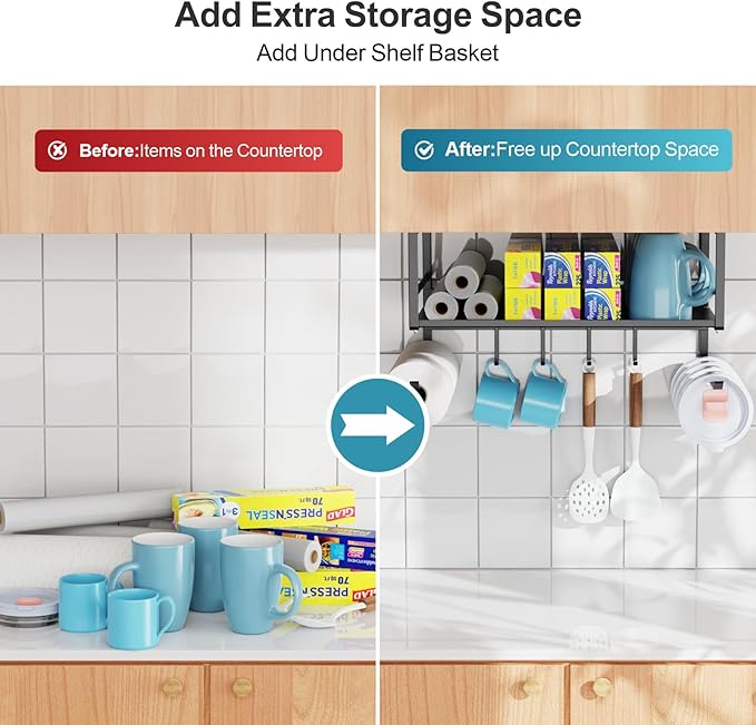iSPECLE Under Shelf Basket- Multi-Purpose Under Shelf Storage Mug Hooks, Add Extra Storage Space Under Cabinet with Paper Towel Holder and Coffee Cup Hooks, Easy to Get Items, Black