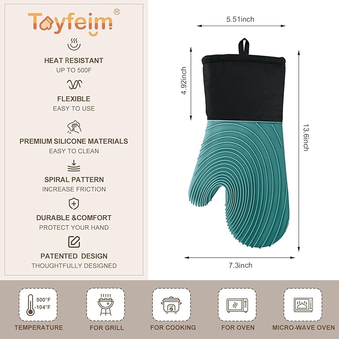 Silicone Oven Mitts-13.6 in Extended Oven Mitts Heat Resistant 500F, Oven Gloves with Soft Liner Good Grippy BPA-Free Easy to Clean Flexible-Oven Mits Set for Cooking Baking Grilling BBQ