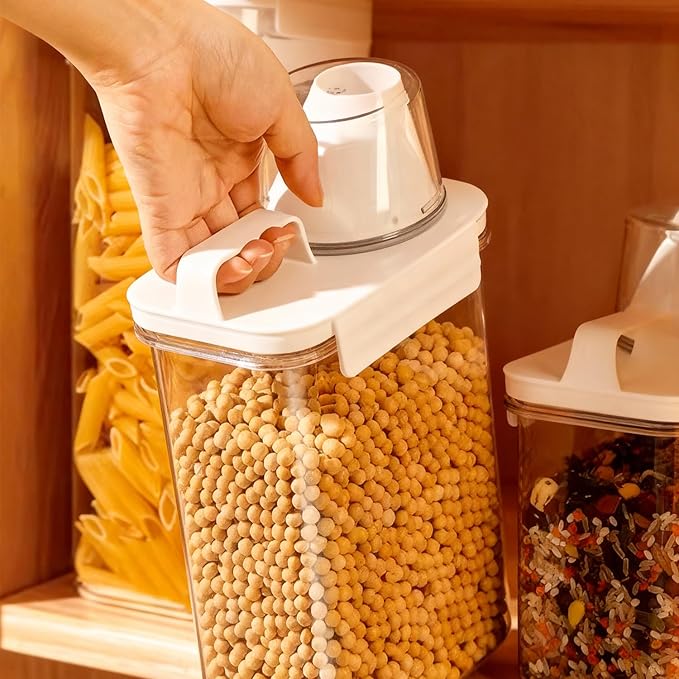 Upgraded Cereal Storage Container Set of 2 - 1700ML (57oz) Airtight Food Storage Organizer with Pour Spout & Measuring Cup for Rice, Flour, Sugar, Oatmeal, Pet Dog Cat Bird Food Dry Food Keep Fresh