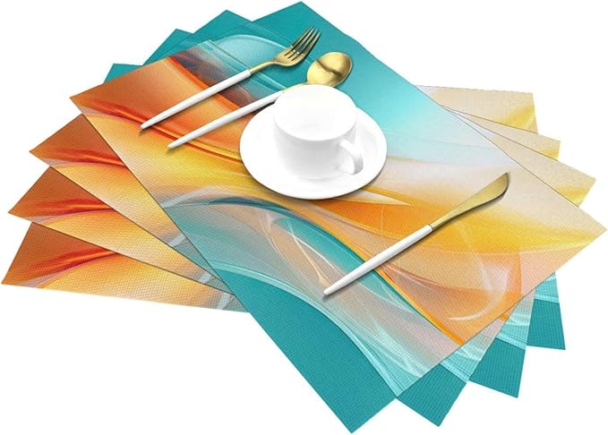 Teal and Orange Abstract Wave Linen Placemats Set of 4, 12 x 18 Inch Washable Non-Slip Heat-Resistant Kitchen Table Mats for Dining Table Outdoor Holiday Wedding Party Farmhouse, Kitchen Home Decor