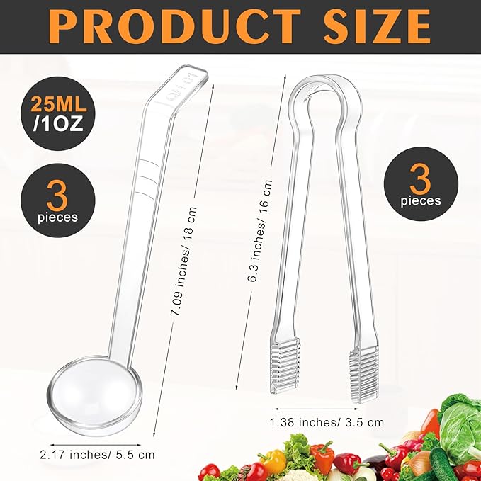6 Pieces Plastic Serving Utensils Set Including 3 Pcs 1 oz Small Ladle and 3 Pcs Tong Acrylic Long Handle Ladle for Serving Sauce, Soup, Dressing, Punch Bowl, Gravy for Party Banquets Catering(Clear)