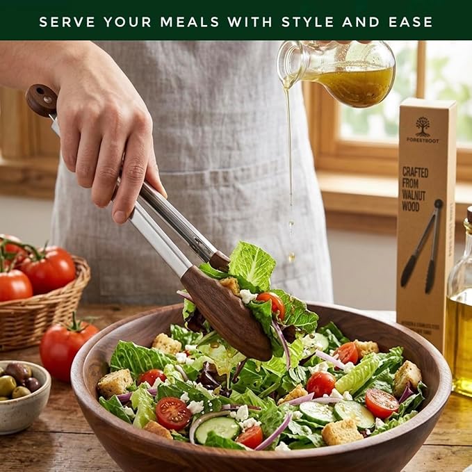 Walnut Wood Kitchen Tongs – 12-Inch Nonstick-Safe Wooden Salad & Grill Tongs for Cooking, Serving, BBQ, and Tossing Salad – Durable Stainless Steel Core with Natural Wooden Tips