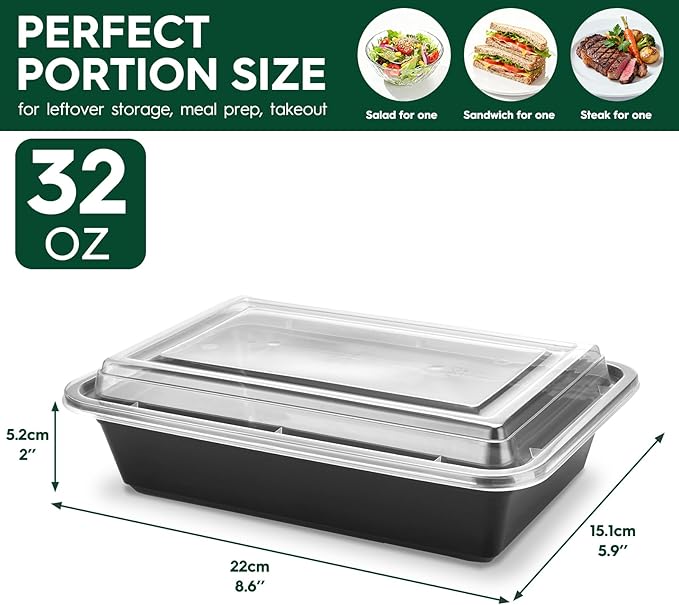 Glotoch Meal Prep Containers 32oz 50 Pack(100 Piece) with Lids, 1-compartment Plastic food storage containers Reusable, Bento boxes for portion control & takeout, Microwave/freezer/dishwasher safe