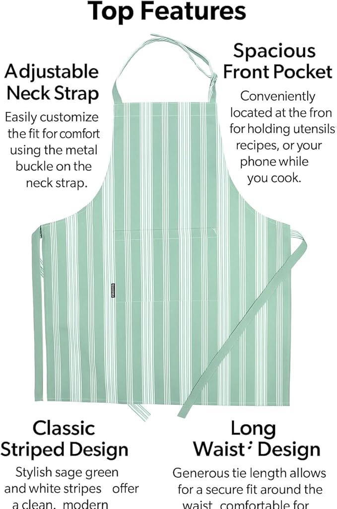 AMOUR INFINI Cotton Striped Aprons for Women with Pockets - Adjustable Strap and Waist Ties Printed Apron for Baking, Cooking, Gardening (27.5 x 33 Inches - Sage Green)