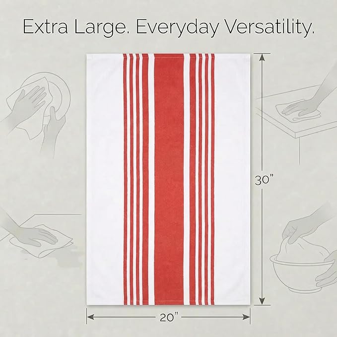 Urban Villa Kitchen Towels 100% Cotton Dish Towels for Kitchen (Set of 6) 20”x30” Dish Cloths Highly Absorbent Kitchen Linen Set with Hanging Loop Perfect for Drying Dishes Cleaning Towels-Red White