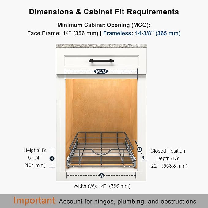 Pull Out Shelves - 14" W x 22" D Soft Close Pull Out Cabinet Organizer 1 Tier - Sliding Shelves with Shelf Liner - Heavy Duty Steel Wire Drawers for Kitchen Cabinets, Pantry, Bathroom