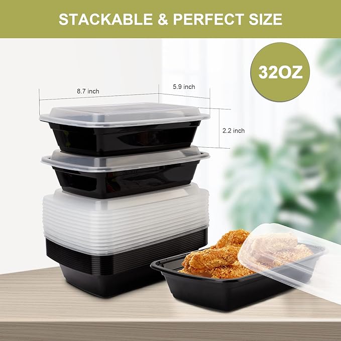 Ezalia 50 Pack- Meal Prep Containers 32oz, Plastic Food Prep Containers Reusable, Leakproof To Go Food Containers with Lids, BPA-Free, Microwave/Dishwasher/Freezer Safe