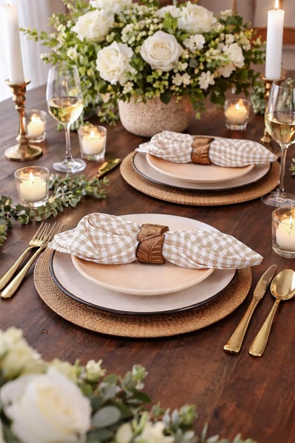 Mini Checked Cloth Napkins, 16x16 inch, Washable, Absorbent, Soft, Elegant Table Decorative Napkins for Holiday, Dinner, Party, Lunch, Wedding, Everyday Use - Beige
