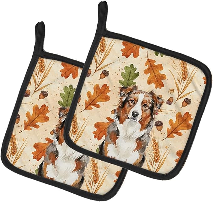Caroline's Treasures Red Merle Australian Shepherd Heirloom Fall Pair of Pot Holders Pair 7.5x7.5 Quilted Insulated Hot Pads Decorative Kitchen Gift Made in USA