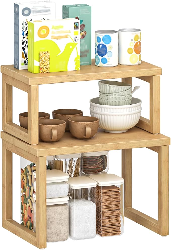 HOOBRO Cabinet Organizer Shelf, Set of 2 Kitchen Counter Shelves, Expandable Kitchen Storage, Stackable Bamboo Spice Rack, for Kitchen, Countertop, Office Desk, Living Room, Natural YL20TL01