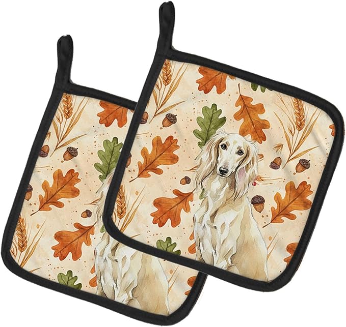 Caroline's Treasures Cream Saluki Heirloom Fall Pair of Pot Holders Pair 7.5x7.5 Quilted Insulated Hot Pads Decorative Kitchen Gift Made in USA