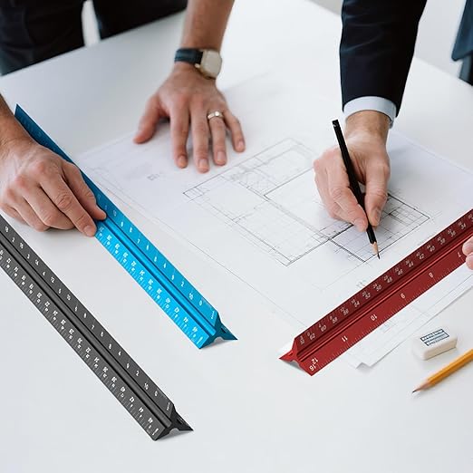 Rena Chris 2PCS Architectural Scale Ruler: 12" Imperial Aluminum Alloy Metal Architecture Measuring Tools, Engineering Drafting Construction Drawing Blueprints Triangular Architect Scaling Rulers