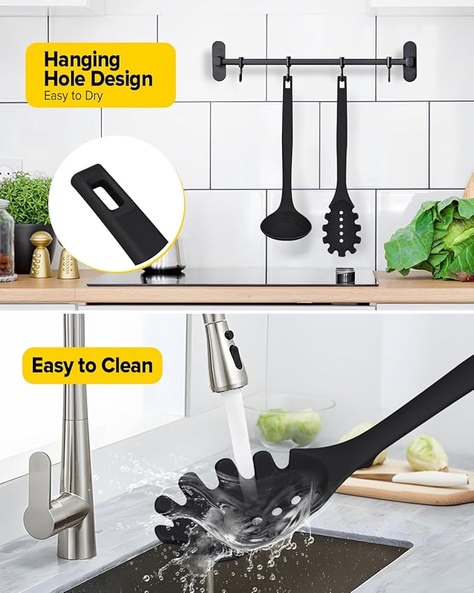 Silicone Pasta Fork and Soup Ladle Set, Heat Resistant Non Stick Kitchen Utensils with Back Hooks, Suitable for Cooking, Stirring, Serving Spaghetti, Soup, Sauce (BLACK)