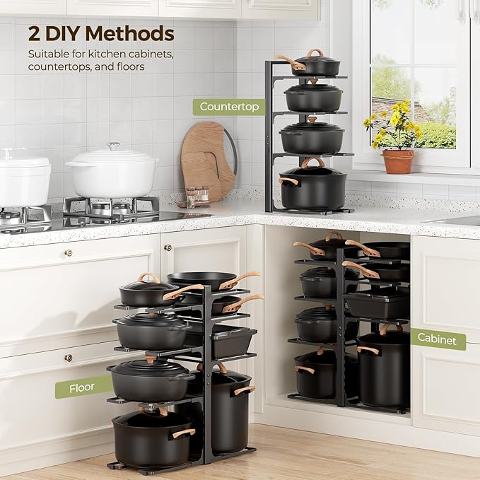 LAMU Pots and Pans Organizer under Cabinet 20.8" Height, 8 Tier Heavy Duty Pan Organizers inside Cabinet with Adjustable Pot Rack, Holds up to 120 LB for Stockpots Dutch Ovens and Cast Iron Cookware
