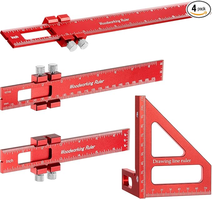 4 Pcs Woodworking Ruler, Metal Precision Pocket Rulers 12, 8, 6 Inch with 3D Multi Angle Measuring Ruler 45/90 Degree for Precision Measuring Marking Inch and Metric