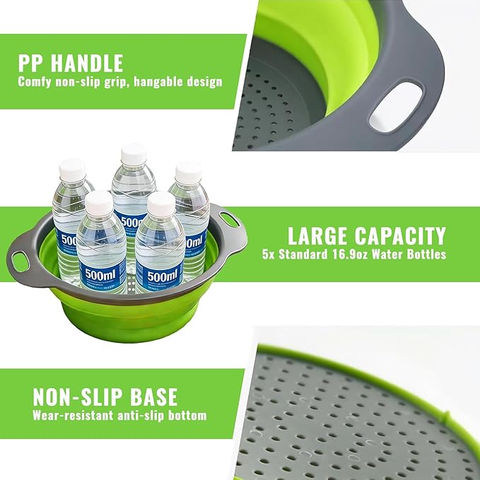 Collapsible Colander Set of 2, Folding Kitchen Strainers with Handles, Space-Saving Over-the-Sink Drainers for Pasta, Veggies & Fruit, BPA-Free, Dishwasher Safe, RV & Camping (Green)