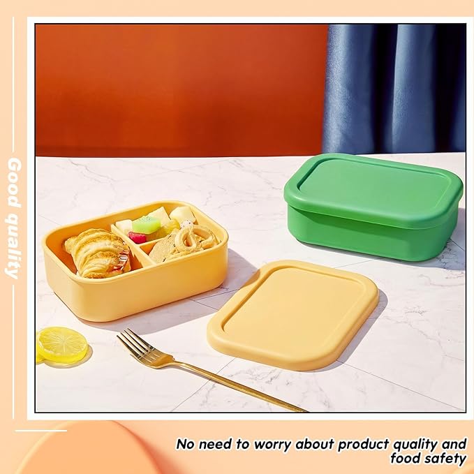 Layhit 2 Pcs Silicone Bento Box for Adults, 27 oz Bento Lunch Container Reusable 3 Compartment Lunchable Food Container for Women Men, Leak Proof Microwave Dishwasher Freezer Safe (Green, Yellow)