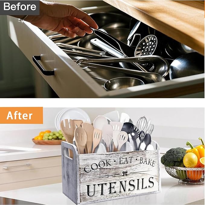 Utensil Holder,Wooden Utensil Holder for Kitchen Counter, Cooking Utensil Organizer with 3 Compartments,Utensil Crock for Silverware Spoon Spatula