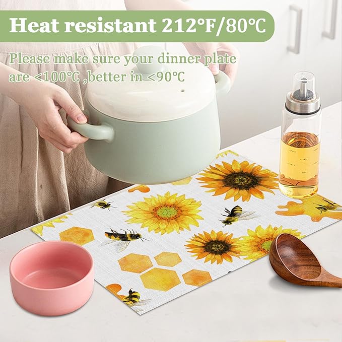 Sunflower Honey Bee Placemats Set of 6, Washable Heat Resistant Table Mat Linen Place Mats for Party Kitchen Dining Home Decor 12x18 Inch