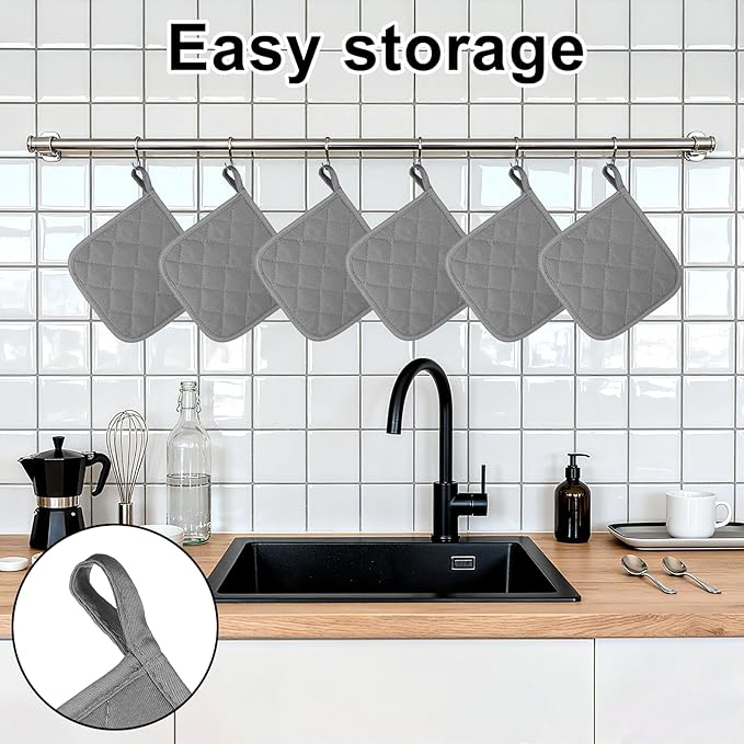 2 Pcs Cotton Pot Holders, 18 cm / 7-Inch Square Potholders for Kitchen, Heat-Resistant Pots Holder, Non Slip Kitchen Pot Holders Cotton Lining Hot Pads for Baking Cooking Oven (Gray)