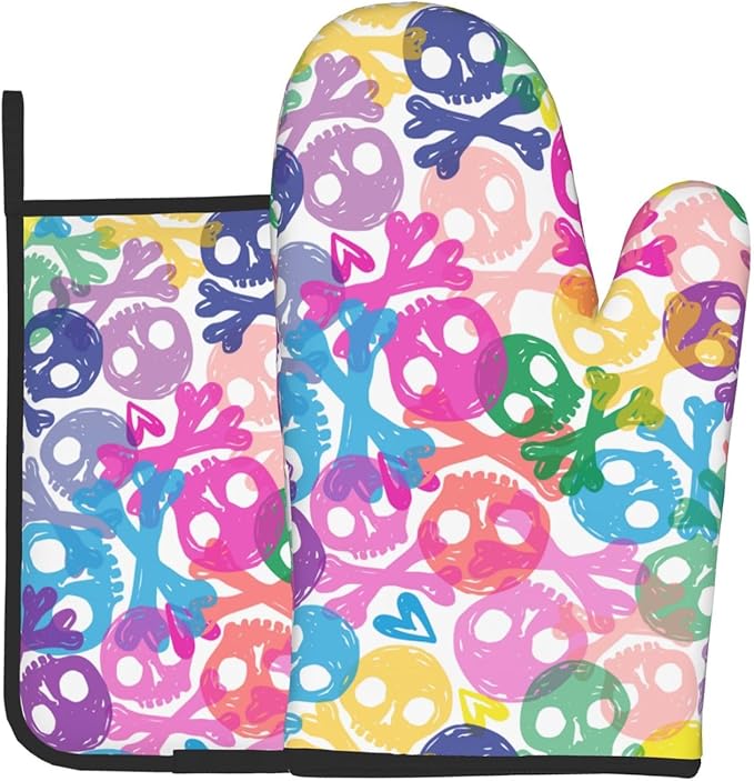 Colorful Skulls Oven Mitts and Pot Holders Heat Resistant Oven Mitts Safe for Baking Cooking BBQ