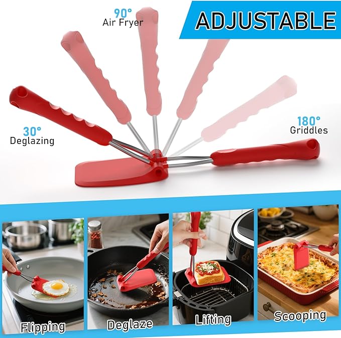 MFTEK Silicone Spatula Set, Eggs Flipper, Adjustable Angle Spatula Turner for Pancake, Fish, Burger, Swappable 2 Size Spatula Heads, Flexible, Heat-Resistant (Red)