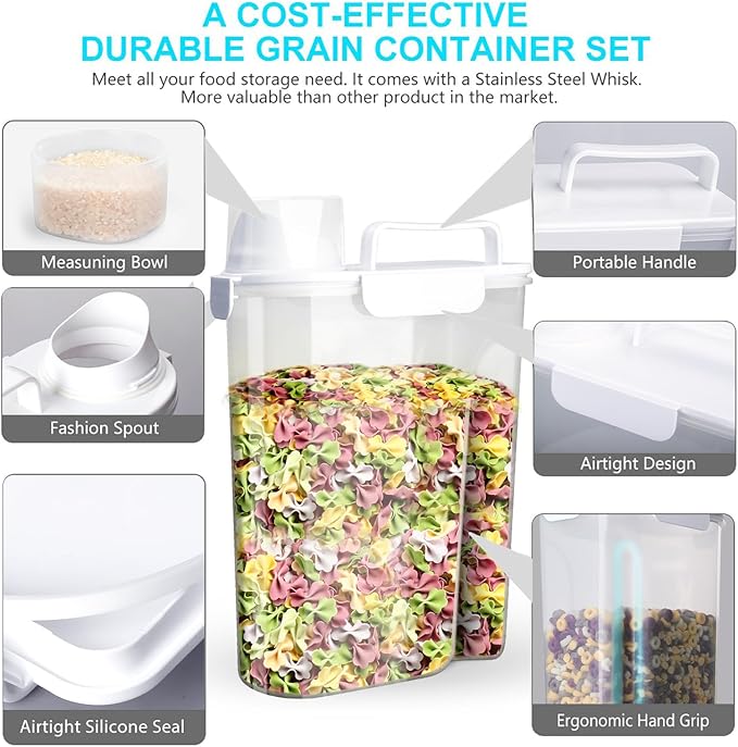 Uppetly Rice Airtight Dry Food Storage Containers 2 Pack, BPA Free Plastic Storage Bin Dispenser with Pourable Spout, Portable Handle, Kitchen Pantry Organization for Cereal, Flour and Baking Supplies