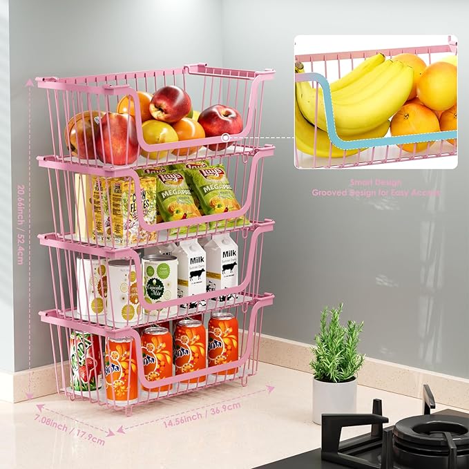 GAOKASE 4 Pcs Stackable Wire Baskets for Pantry Organizers and Storage,Vegetable Fruit Basket for Countertop,Kitchen Storage Metal Baskets,Produce Potato Onion Storage Bin,pink