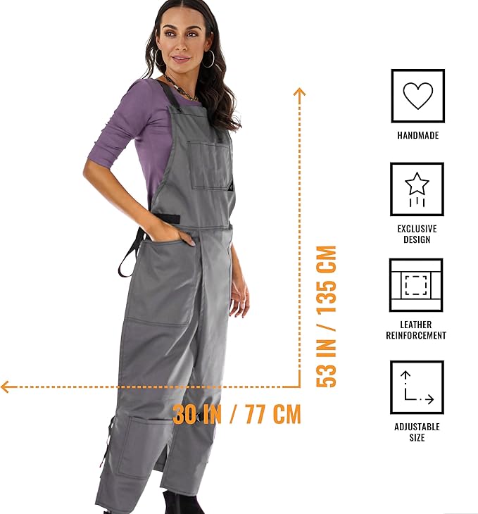 Under NY Sky Pottery Gray Apron - Full Cover Cross-Back, Professional Twill, Leather Reinforcement, Overlapping Split-Leg - Adjustable for Men, Women - Pottery Artist, Ceramics