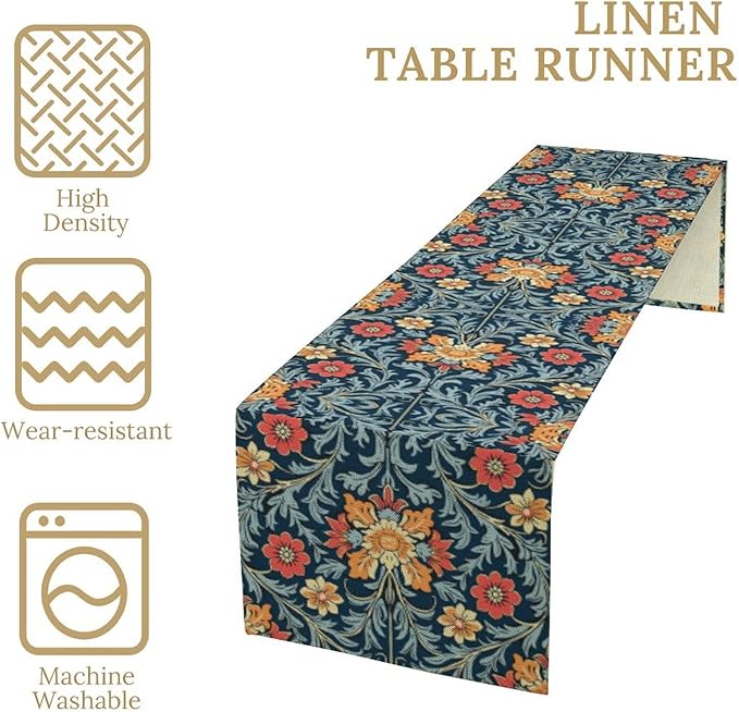 William Morris Table Runner Rural Farmhouse Vintage Flower Art Printed Dinner Runner for Home Kitchen Dining Table Decor Fabric 1 Panel W13xL120in